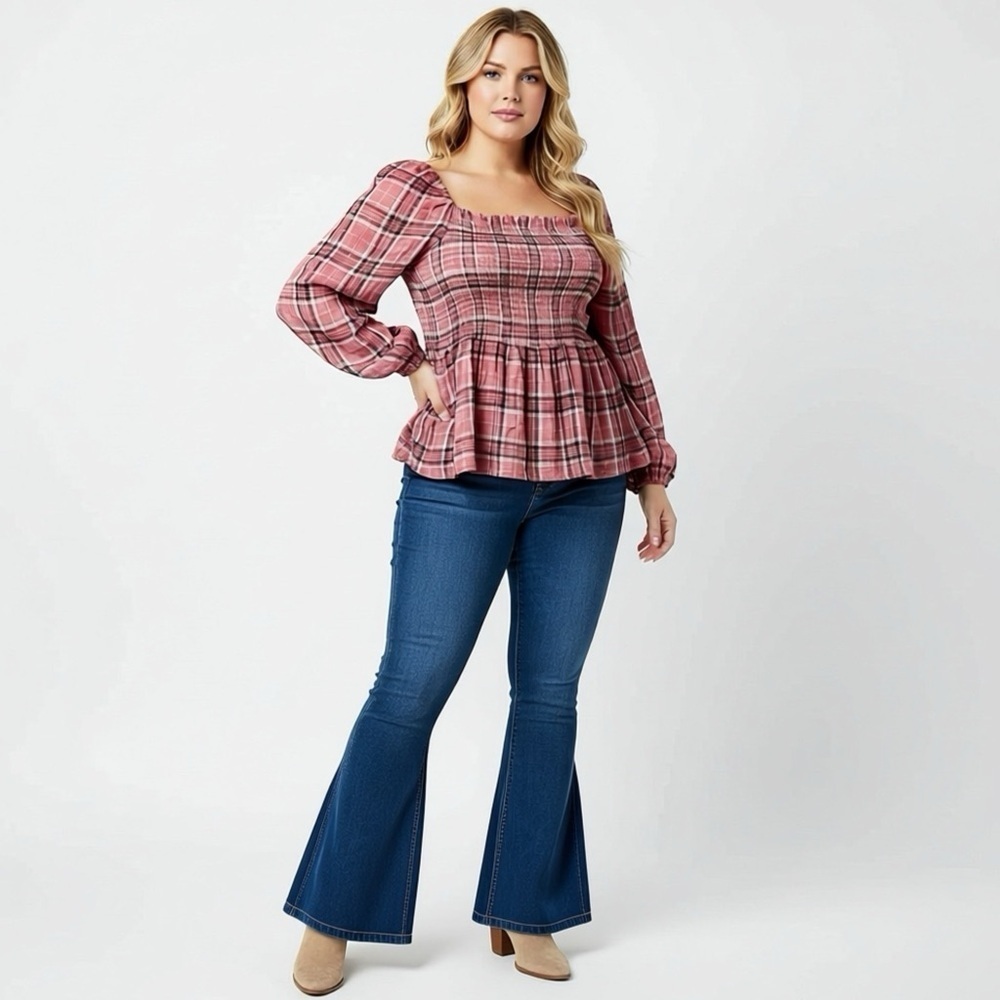 NWT INNER CIRCLE Women’s L/XL Blouse Stretchy Top Pink Gray Plaid Long Sleeve